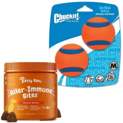 Zesty Paws||Chuckit! Zesty Paws Aller-Immune Lamb Flavored Soft Chews Allergy & Immune Supplement for Dogs + Chuckit! Ultra Rubber Ball Tough Toy